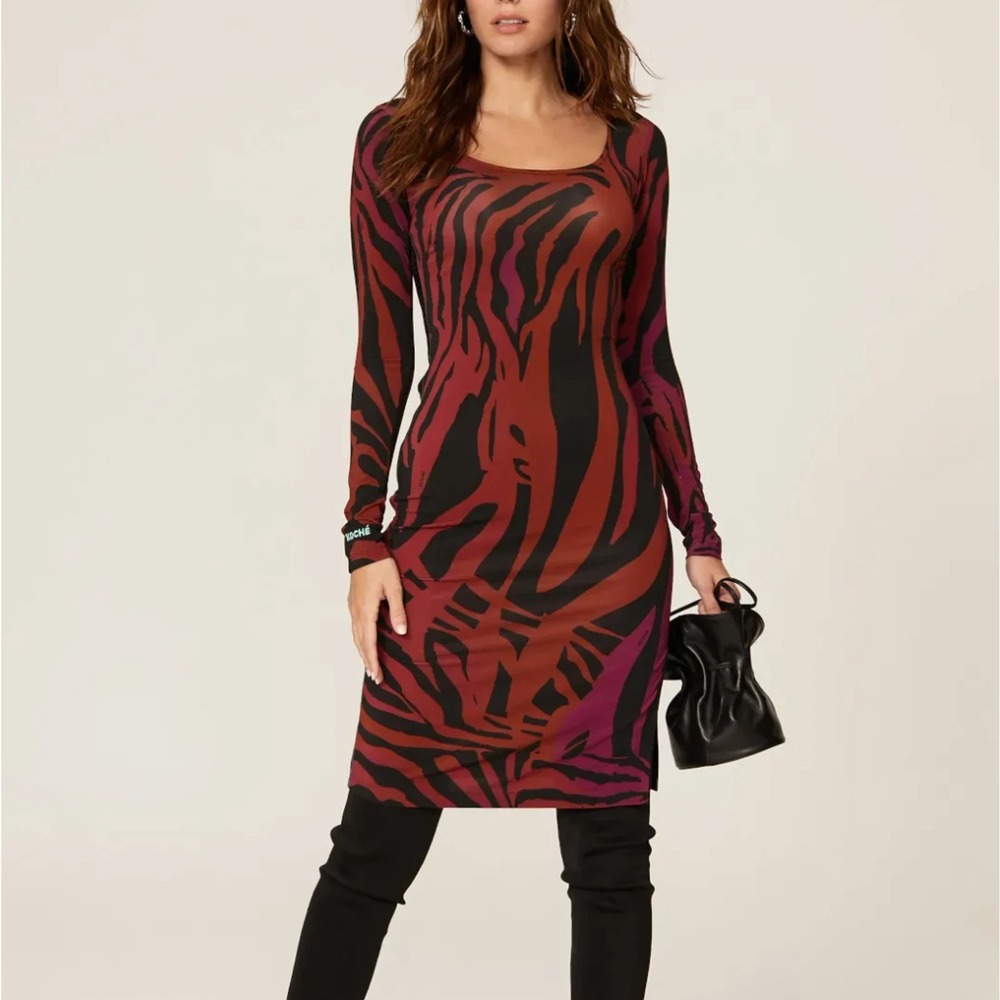 Koche Bodycon Midi Dress Small Mesh Back Faux Leather Trim Slit‎ Zebra Italy